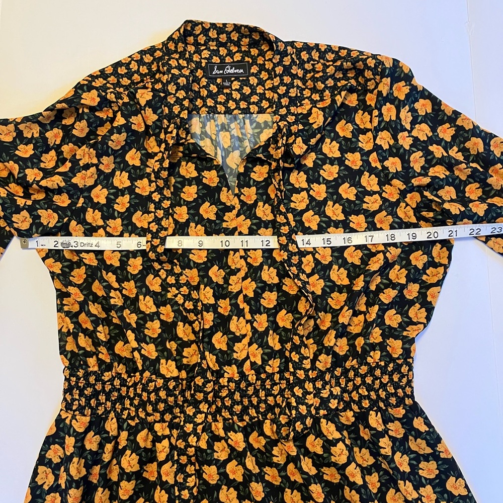 Sam Edelman Floral Print Smocked Tie Neck Dress L - Picture 6 of 8